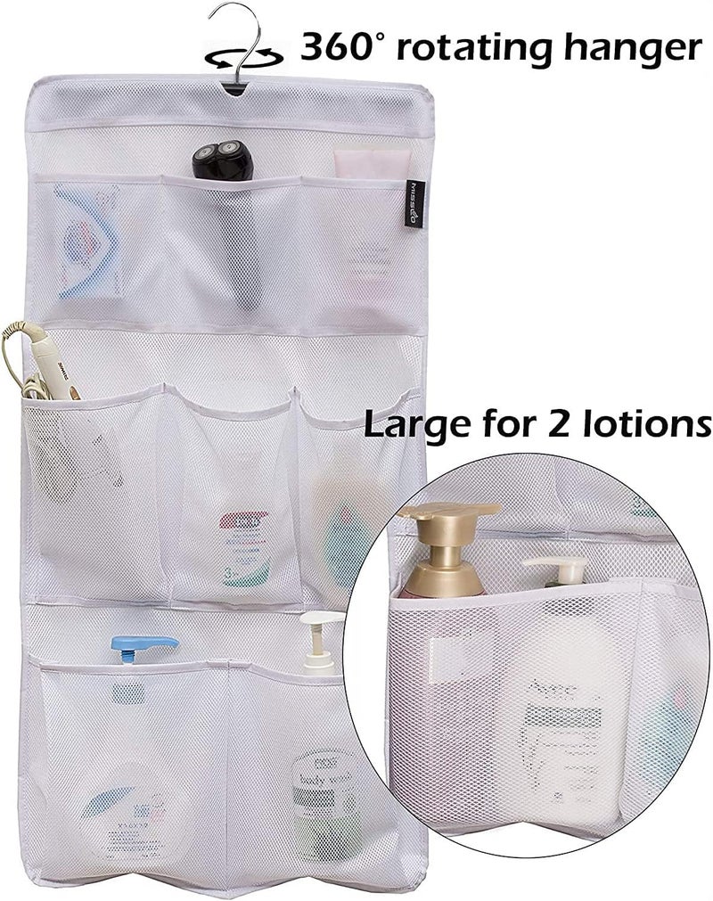 MISSLO 8 Pockets Mesh Shower Organizer Hanging Caddy with Rotating Hanger Quick Dry Bathroom Storage (White) - Image 3